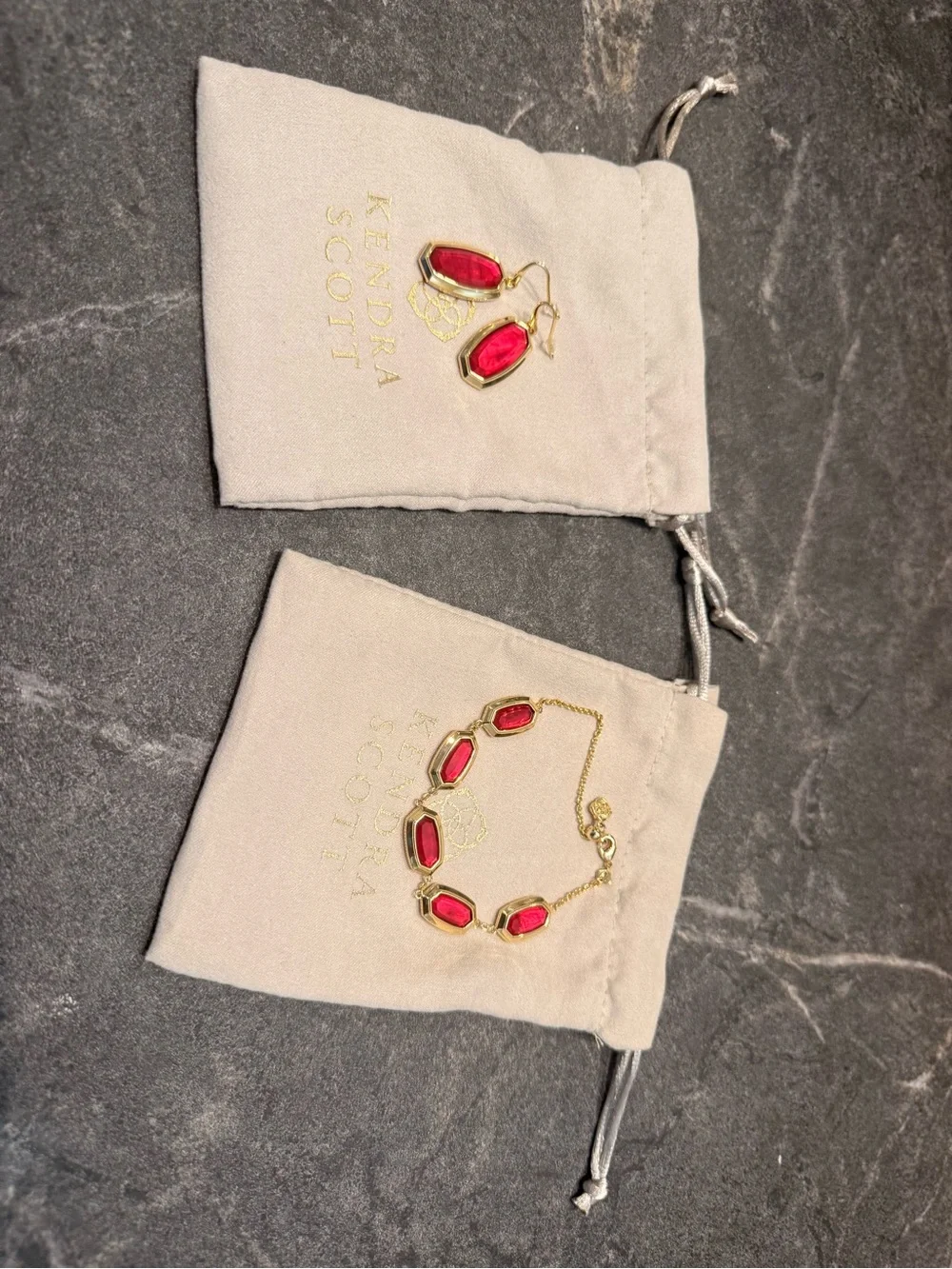 Kendra Scott Gold-Tone Bracelet and Dangle Earrings with Red Stones